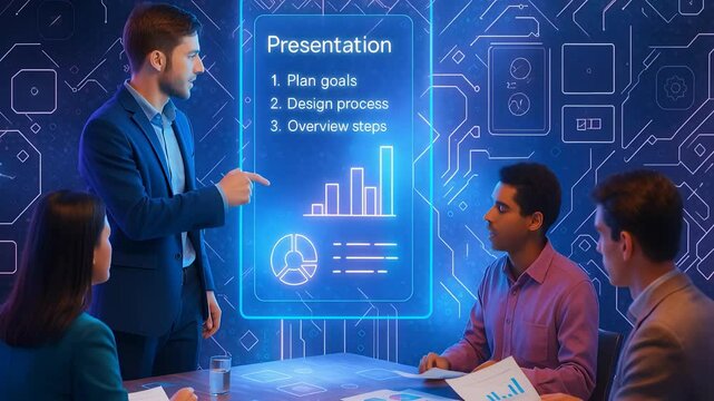 Business Team Watching Digital Presentation with Graphs and Goals Representing Planning, Design Strategy and Project Overview

