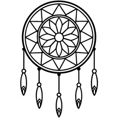 Dreamcatcher Silhouette Vector , Intricate Black and White Feathered Design