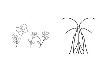 Simple line drawing illustration of a butterfly flowers and insect on a white background