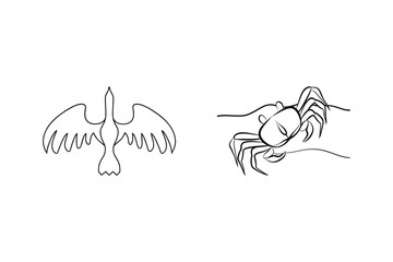 Simple line drawing of a bird and crab in minimalist black and white style