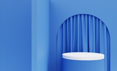 White and blue podium, blue background and curtains for product discount promotions. 3D illustration.
