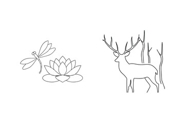 Simple outline drawing featuring a dragonfly and lotus flower alongside a stag in the forest
