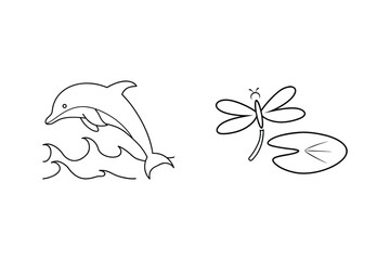 Simple line art of a jumping dolphin and a dragonfly with a lily pad on white background