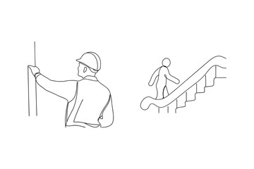 Continuous line illustration of construction worker inspecting and person ascending stairs