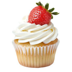 Delicious vanilla cupcake topped with creamy frosting and fresh strawberry garnish, perfect for celebrations and desserts. on transparent background