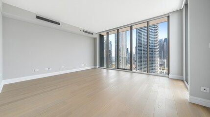 Obraz premium Empty, modern apartment interior with city view.
