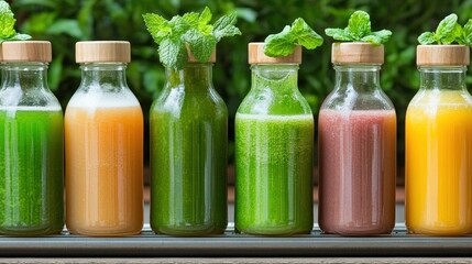 A refreshing collection of colorful fruit and vegetable smoothies in glass bottles with mint garnish displayed outdoors on a bright day scene.