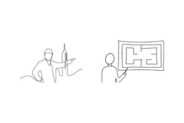 Minimalist line drawing depicting architects discussing building plans and architectural design
