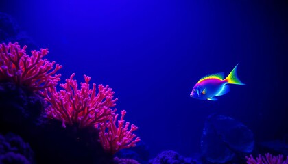 Obraz premium Glowing coral, bioluminescent fish, empty ocean scene, colorful, imaginary