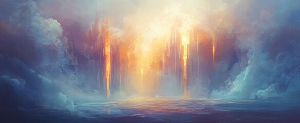 Fototapeta premium A radiant, ethereal landscape of towering pillars.
