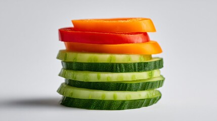 Minimalist arrangement of sliced cucumbers, carrots, and bell peppers on white isolated background, side space for overlay text