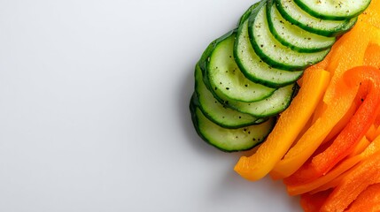 Minimalist arrangement of sliced cucumbers, carrots, and bell peppers on white isolated background, side space for overlay text