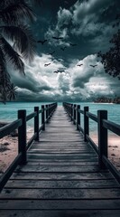 Fototapeta premium Wooden pier leading to turquoise sea under dramatic sky
