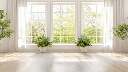 Fototapeta premium Spacious interior with large windows showcasing a serene garden.
