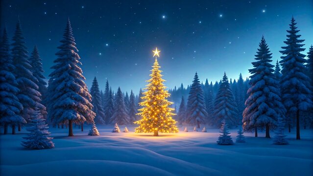 Majestic Christmas Tree Glowing in Snowy Winter Forest at Night under Starlit Sky