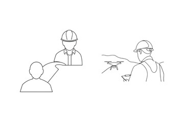 Line drawing depicting drone technology and engineers discussing future project progress.