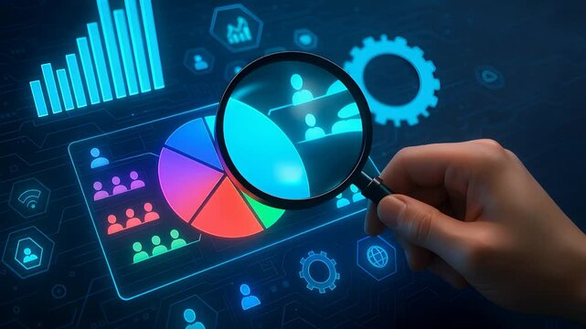 Magnifying Glass Zooming into Colorful Pie Chart with User Icons Representing Data Analysis and Business Segmentation

