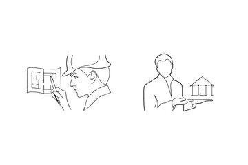 Architect and real estate agent presenting architectural plans and building model together