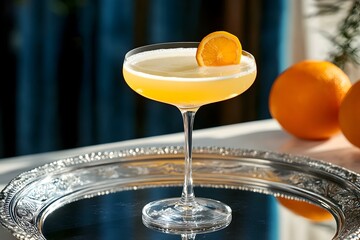 Elegant Mimosa Cocktail with Orange Garnish on a Stylish Silver Tray