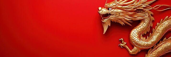 Fototapeta premium photo of golden dragon isolated on solid red background