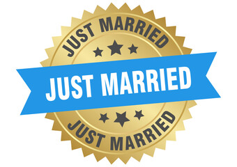 just married. just married round blue and gold label isolated on transparent background