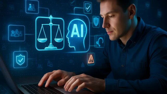 Man Using Laptop with Artificial Intelligence and Legal Balance Icons Representing Ethics, Digital Law and AI Judgment

