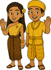 Cambodian Couple in Traditional Clothing Waving