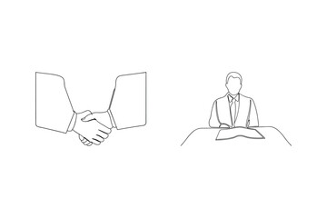 Minimalist line drawing depicting agreement handshake and professional figure at a desk