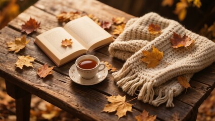 Fototapeta premium Cozy Autumn Reading Scene with Warm Tea, Open Book, and Fall Leaves