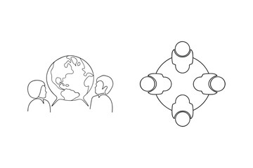 Global collaboration and teamwork represented by simple line drawings on white background