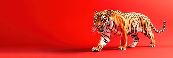 photo of golden tiger isolated on solid red background 