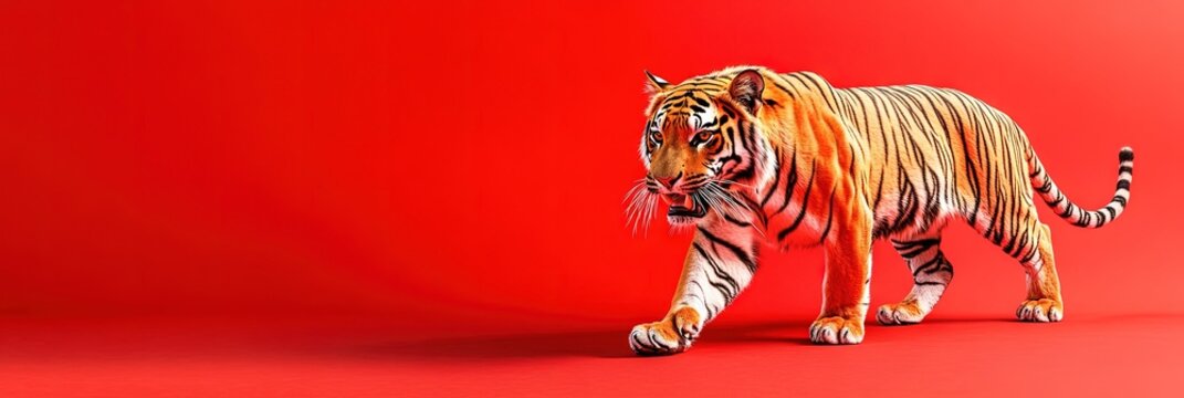 photo of golden tiger isolated on solid red background 