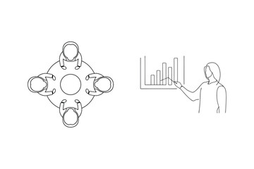 Business presentation showing growth and a team meeting around a round table discussion