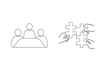 Collaborative problem solving concept represented by teamwork and puzzle pieces illustrations