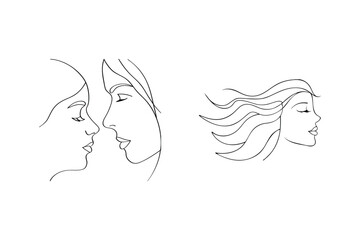 Elegant line art of women's faces in profile with flowing hair and closed eyes