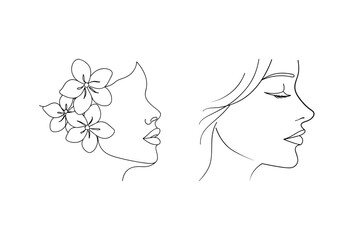 Minimalist line art of two women profile faces featuring flowers and closed eyes