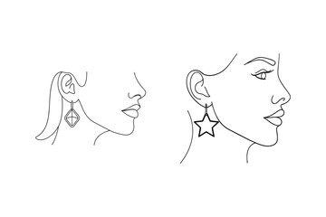 Minimalist line art illustration of two female faces wearing fashionable earrings