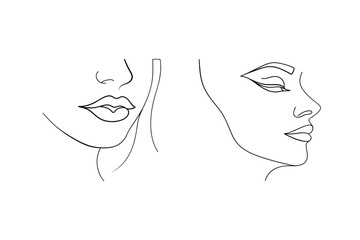 Minimalist line art illustration of two female faces in profile and frontal views