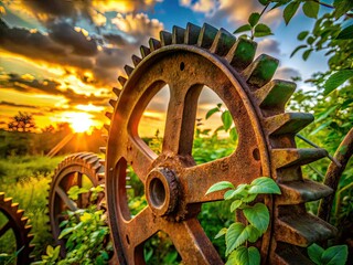 Rusty Gear Wheel Sunset, Nature's Embrace