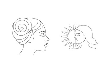 Elegant line art depicting women with sun and artistic hairstyle on white background