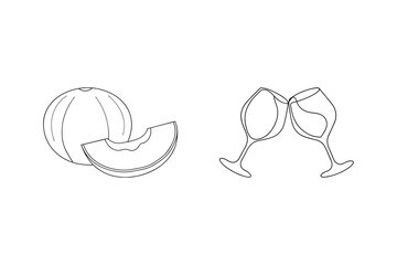 Simple line art illustration of cantaloupe and wine glasses clinking together