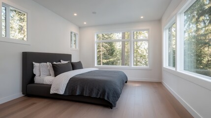 Modern bedroom with large windows, minimalist design, inviting atmosphere, wooden floor and cozy bedding, ideal for relaxation.