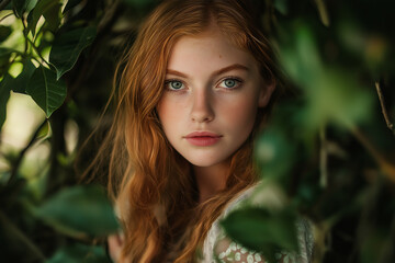 Red-haired girl with green eyes surrounded by leaves in a natural setting during daylight