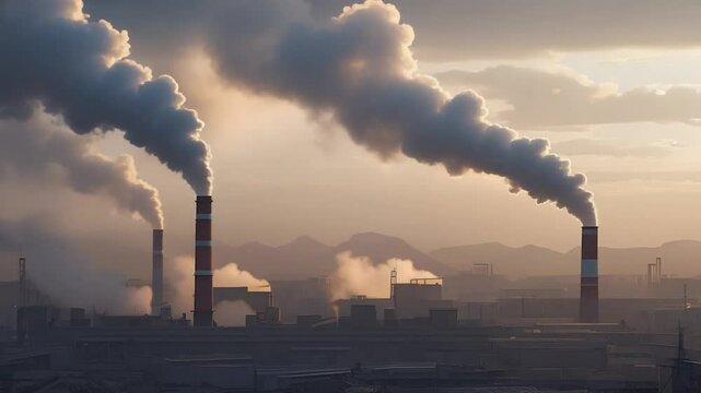 Smokestacks releasing smoke pollution into the hazy atmosphere