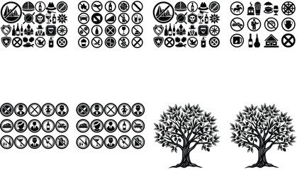 Black and white vector illustration of a set of icons related to nature