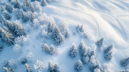 Aerial view of frosted evergreen trees on snowy landscape.