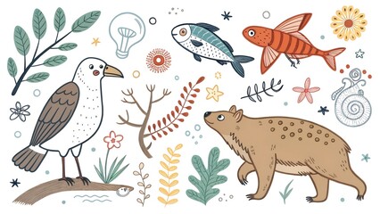 Big set of hand drawn vector biological icons, isolated on white background. Black and white kawaii.