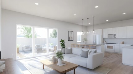 Bright, modern living room, spacious and airy with large windows, minimalistic decor, perfect for relaxation or social gatherings.