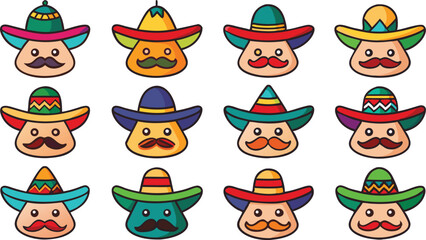 Fototapeta premium Mexican Themed Sombrero and Mustache Icon Collection for Festive Posters Holiday Promotions and Celebration Themed Design Work