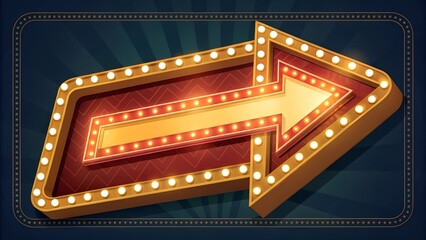Retro lightbox in arrow shape on retro rays background. Lightbox arrow with empty place for text. Arrow design for pointer, direction, orientation and navigation. Vector illustration.